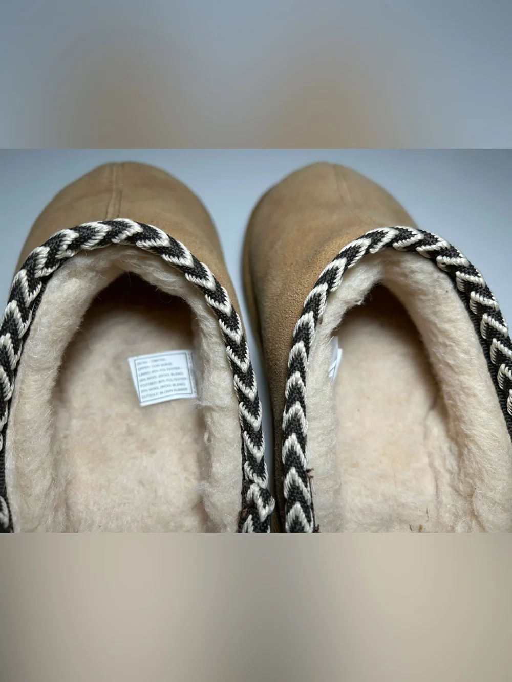 BearPaw Tan Suede Faux-Shearling Slip-On Slippers with Black & White Trim